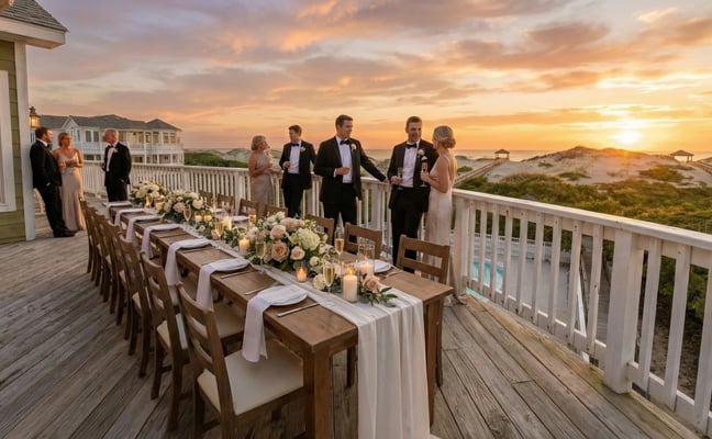 Wedding dinner on the oceanfront deck at sunset, The Fitzgerald, Outer Banks